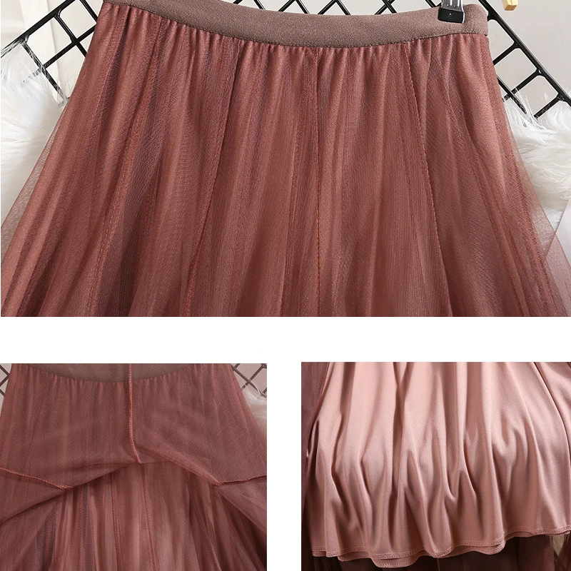 

Women's Skirt 2021 Summer Pleated Skirts A-Line Solid Color Double Layer Mesh Women Skirts Lady Skirts Female Clothing KS740