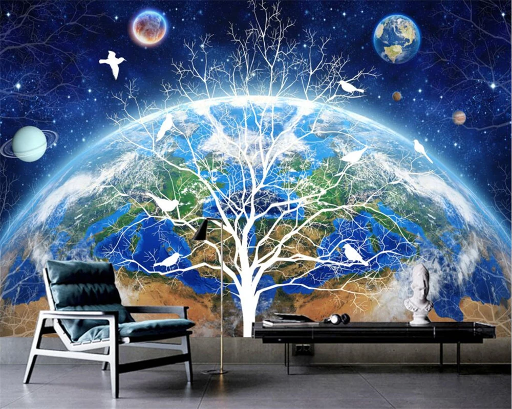 beibehang Customized modern new European earth starry sky simple tree flower and bird TV background papel de parede wallpaper