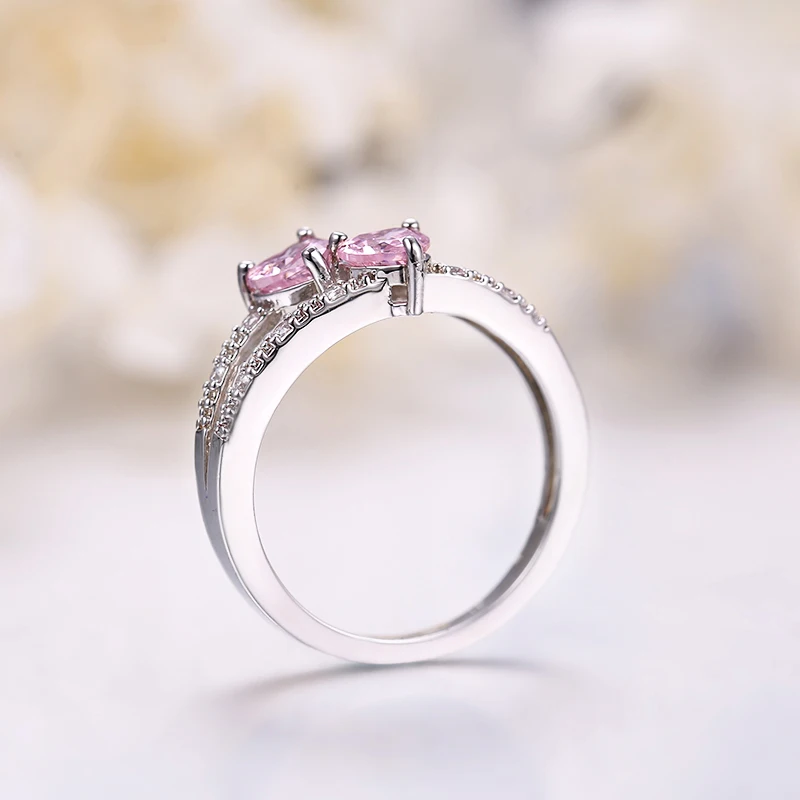 ANGELFRIGG два сердца серебряного цвета кольца с розовым CZ камнем для женщин Love You обручальное Обручальное модное ювелирное изделие подарок