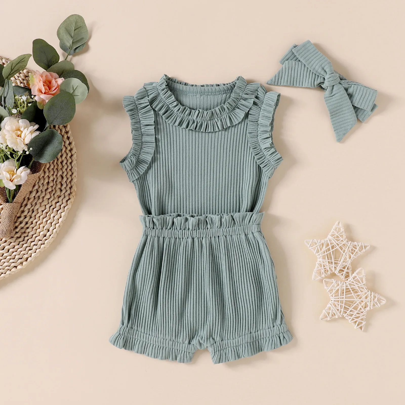 

Infant Baby Girls Sleeveless Frill Solid Color Ruffle Romper Bodysuit Fart + Shorts + Headband Set Comfortable Baby Clothing