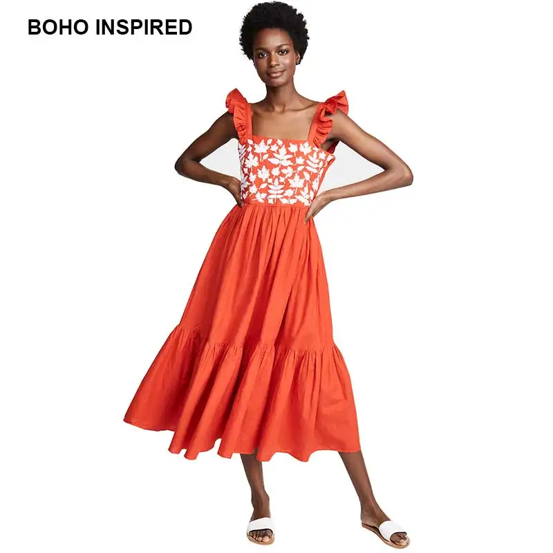 Платье Бохо длинное с вышивкой на бретельках без рукавов средней длины летнее
