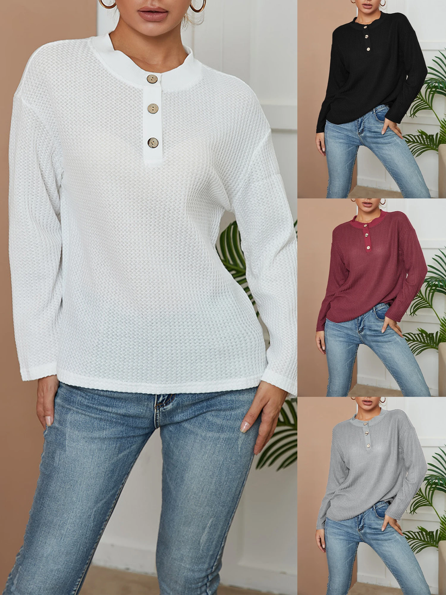 

Classic Women Pullover Blouses Basic Long Sleeve Blouse T-Shirt Spring/Autumn Casual Solid Knit Round Neck Office Ol Tops Tshirt