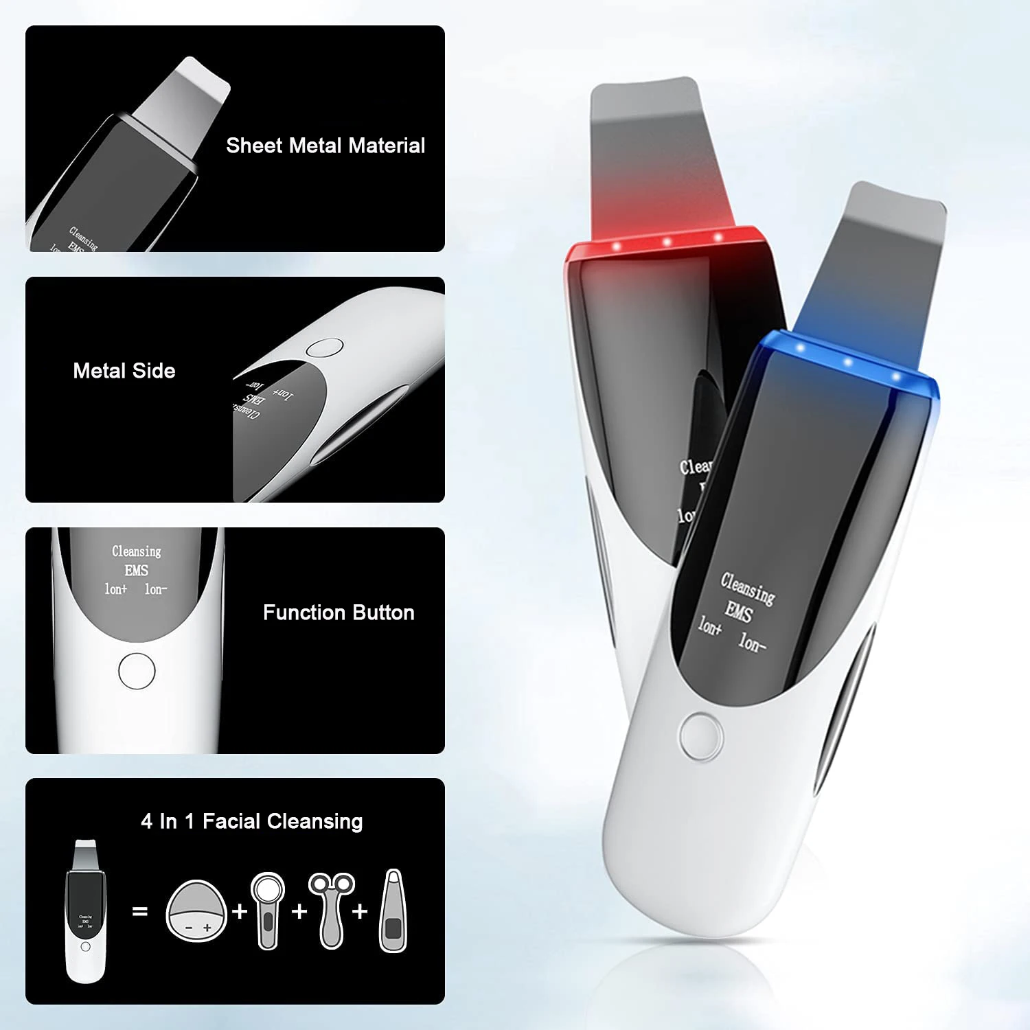 

Ультразвуковой скребок для кожи, высокочастотный вибромассажер, подтяжка лица, удаление черных точек светодиодный ным синим светом, инстру...