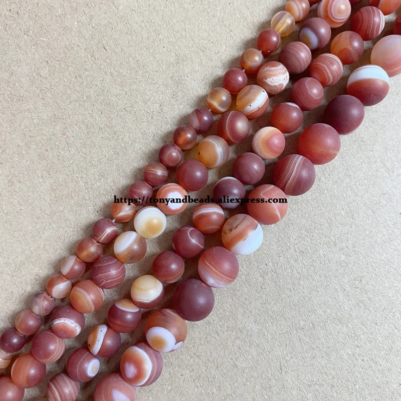 

15" Natural Stone Frost Grind Arenaceous Matte Red Stripe Agate Onyx Round Loose Beads 6 8 10 12MM Pick Size