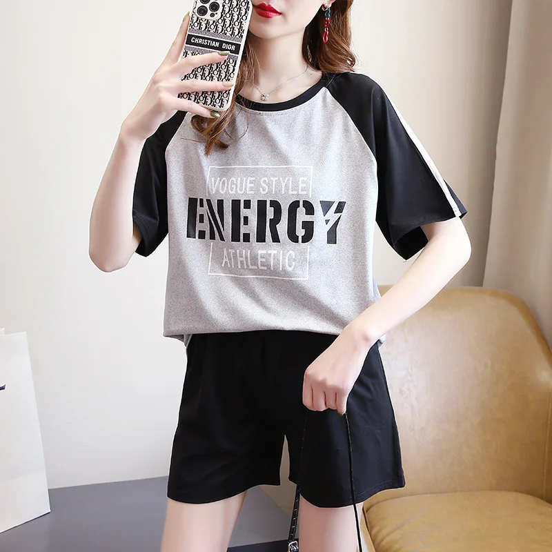 

2021 New Casual Sports Set Korean Loose Fashion Summer Print Short Sleeve Shorts Running Two-piece Set Absorb Sweat Suits