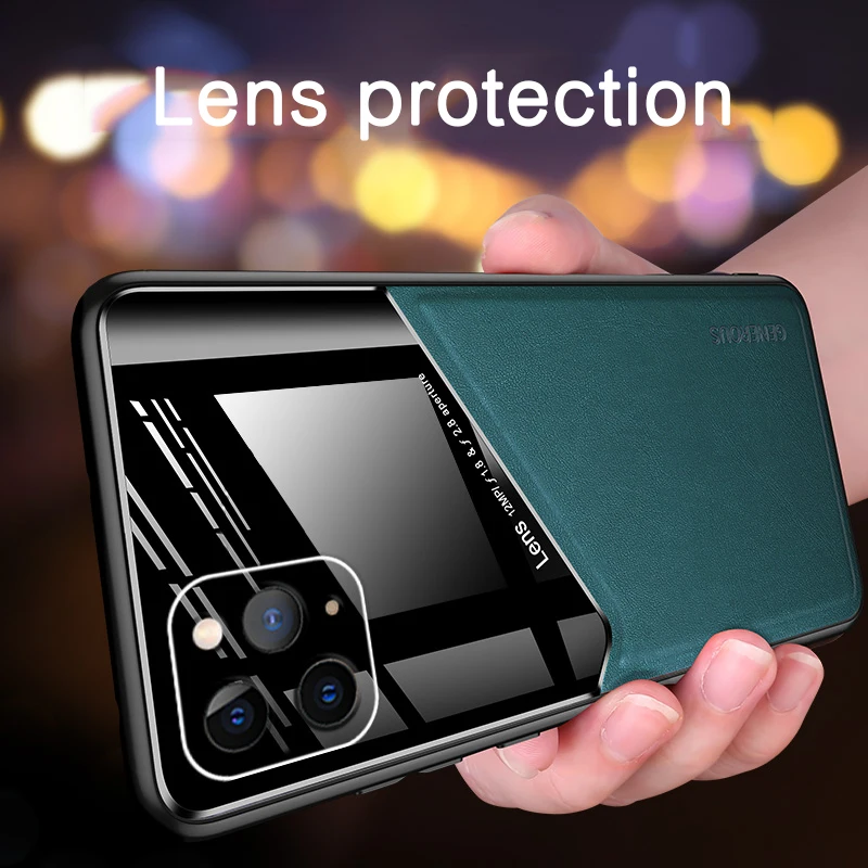 Case For iPhone 14 Pro Max11 Pro X Xs 12 Mini Pro Max Luxury Leather Camera Lens Cover For iPhone 13 8 7 6 6S Plus Car Magnet