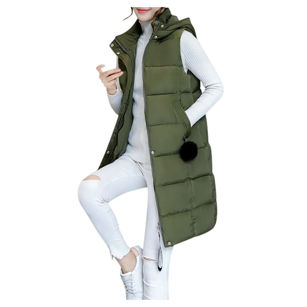 Зеленый Winter vest women long vest Casual Slim thick warm Autumn hooded sleeveless waistcoat long zipper winter vest female M-3XL - Цвет: Зеленый