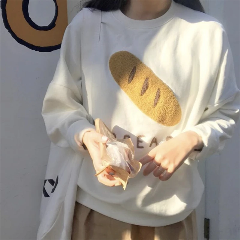 

Новинка, зимняя женская толстовка большого размера в стиле преппи Y2k, милый мешковатый пуловер в стиле ретро с вышивкой хлеба, Повседневная ...