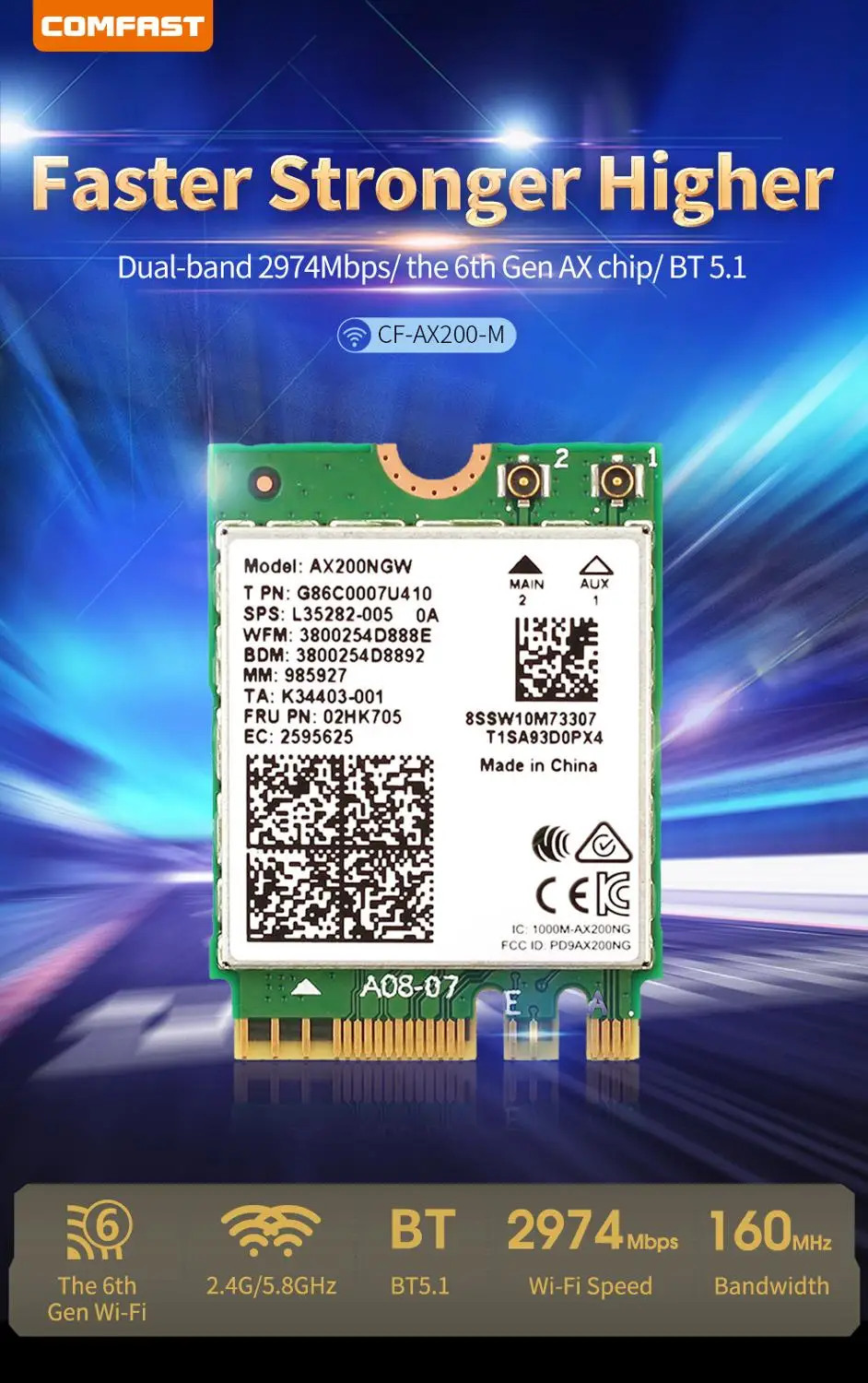 

Comfast CF-AX200-M 2400Mbps Dual Band 802.11ax Intel Wifi 6 AX200NGW M.2 Wireless Wlan Wi-Fi Card Adapter For Intel BT5.0