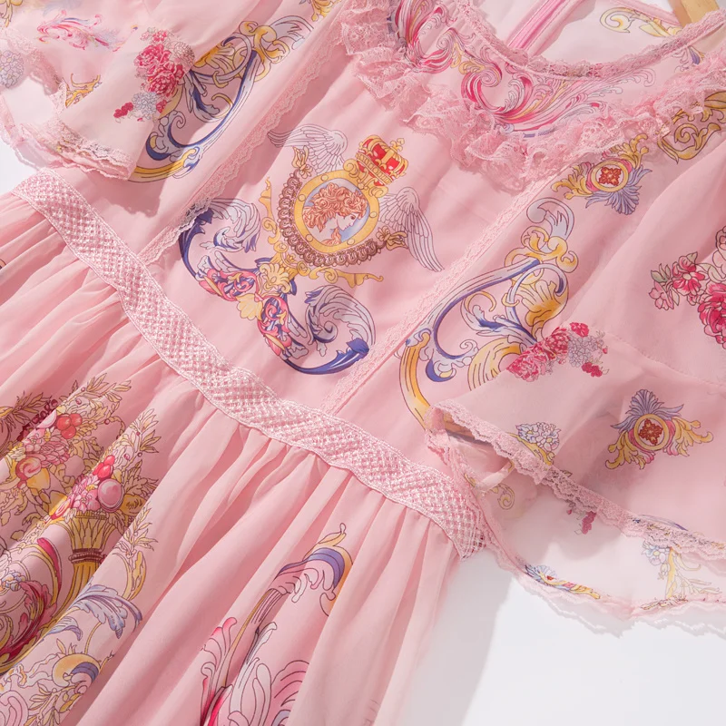 

DIDABOLE Runway Designer High Quality Summer New Women'S Midi Chiffon Lace Patchwork Print Pink Fashion Elegant Party Dress