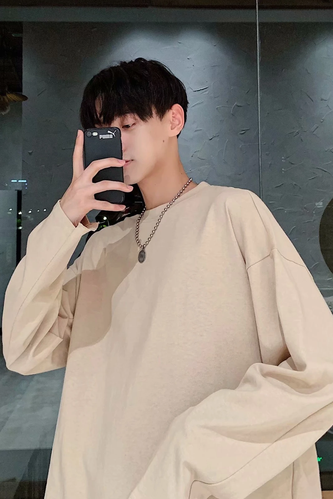 

Spring and Autumn Thin Long Sleeve T-shirt Men's Loose Guard Bottom Shirt Korean Fashion Couple's Pure Color Top