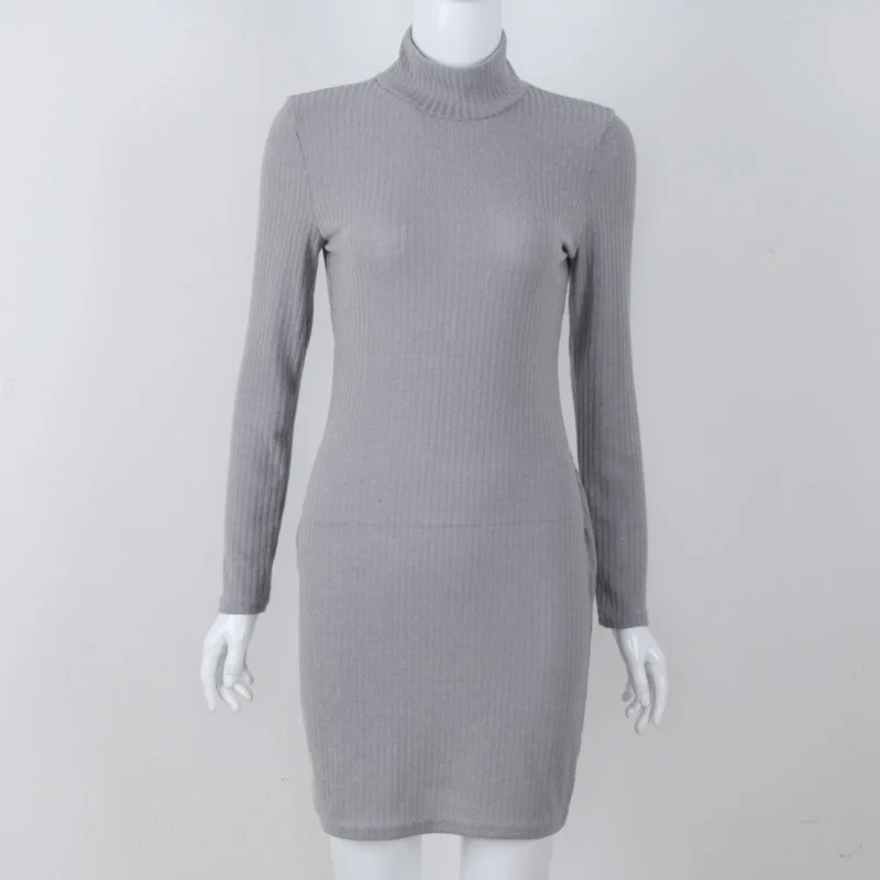 Gray Dress Однотонное теплое облегающее платье с воротником под горло, повседневное вязаное стильное весеннее Новое теплое платье-свитер с длинным рукавом для женщин - Цвет: Gray Dress