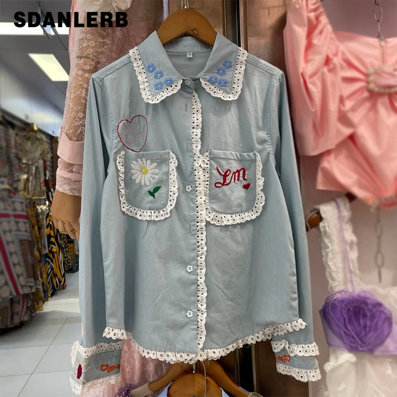 

Женская блузка с принтом, осень 2021, новая Студенческая рубашка в стиле ретро с длинными рукавами и вышивкой, Женский Свободный Повседневный ...