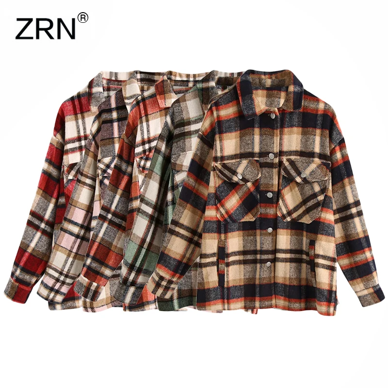 Женская клетчатая куртка ZRN винтажная Свободная с длинными рукавами и карманами