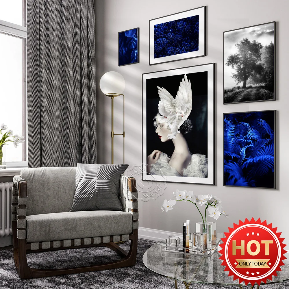 

Vintage Woman Art Photograph Poster, Blue Flower Grass Leaf Decor Prints, Country Path White Horse Animal Black And White Mural