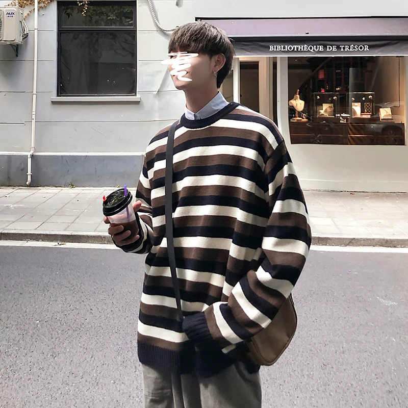 Полосатый свитер мужской теплый модный контрастный Повседневный вязаный
