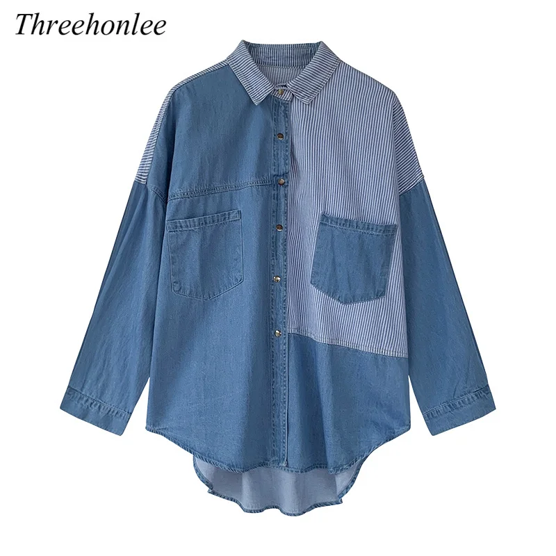 

2021 Fashion Irregular Spliced Women Denim Shirt Coat Baggy Long Sleeve Pocket Streetwear Jean Jacket Cowboy Outwear Tops Coats