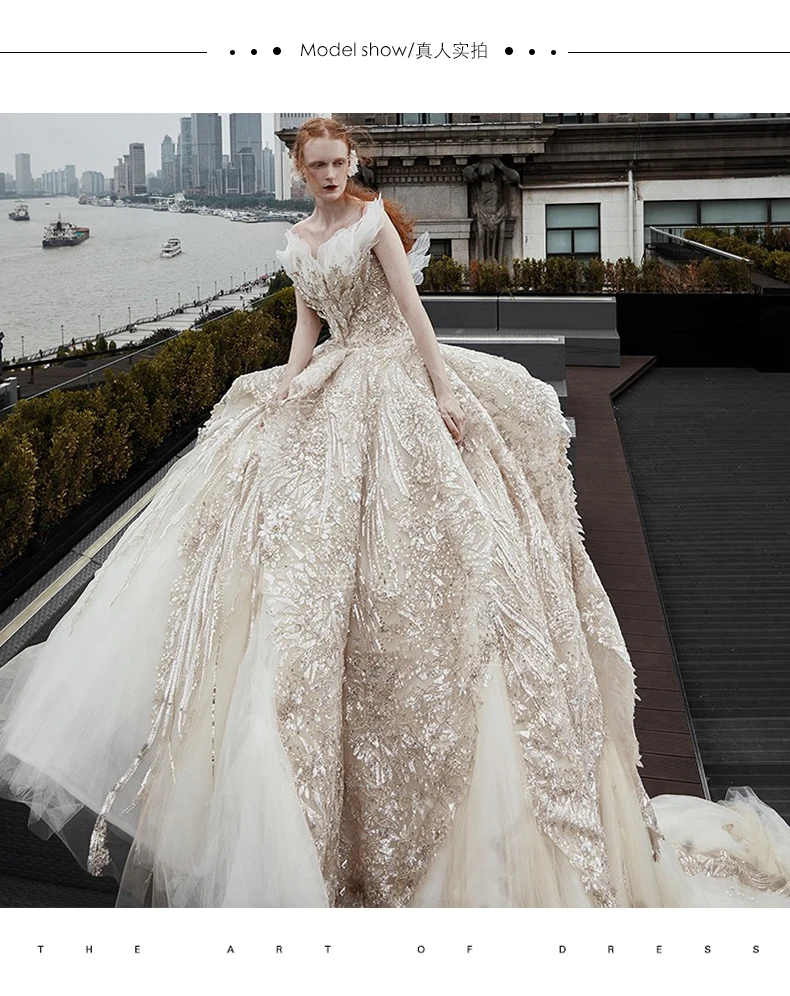 

Luxury Beading Princess Cathedral Train Shiny Crysta Flower Fancy Wedding Dubai Dresses Bride Gown Robe Custom Made De Mariee