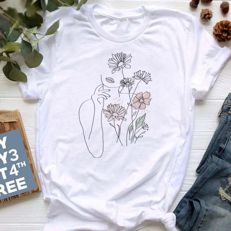 

Line Women Faces Art Drawing Printed T-shirts Women Shirts Summer Tops for Women Ladies Graphic T Shirts Female Camiseta Mujer