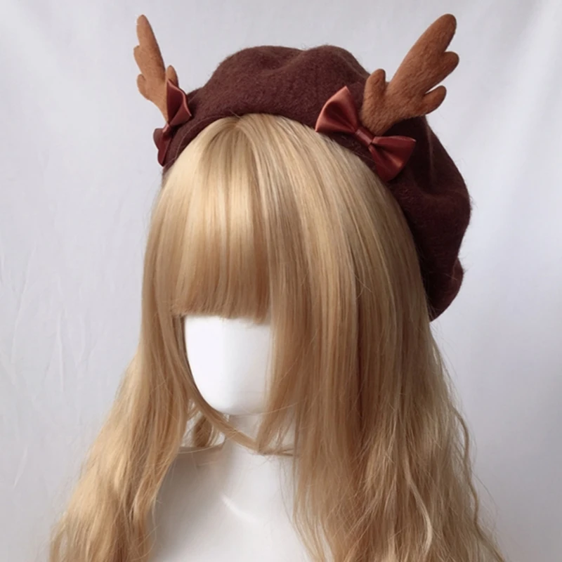 

Sweet Painter Hat Deer Antlers Beret Cosplay Hat Vintage Lolita Wool Cap Warm Beanie Hat for Women Girls Head Accessory