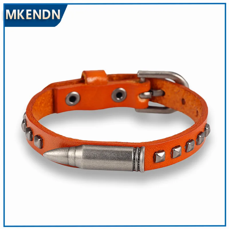 Мужской браслет ручной работы MKENDN из натуральной кожи с заклепками в виде пули