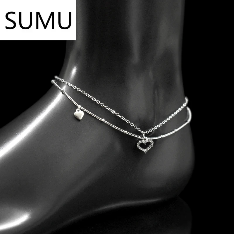 

New Fashion 925 Sterling Silver Heart Rhinestone CZ Pendant Double Layer Anklets Women Jewelry Summer Zircon Foot Chain Bracelet