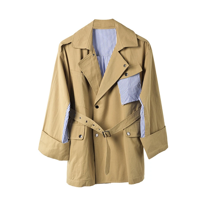 

Loose Fit Khaki Striped Stitch Big Size Jacket New Lapel Long Sleeve Women Coat Fashion Tide Spring Autumn 2020
