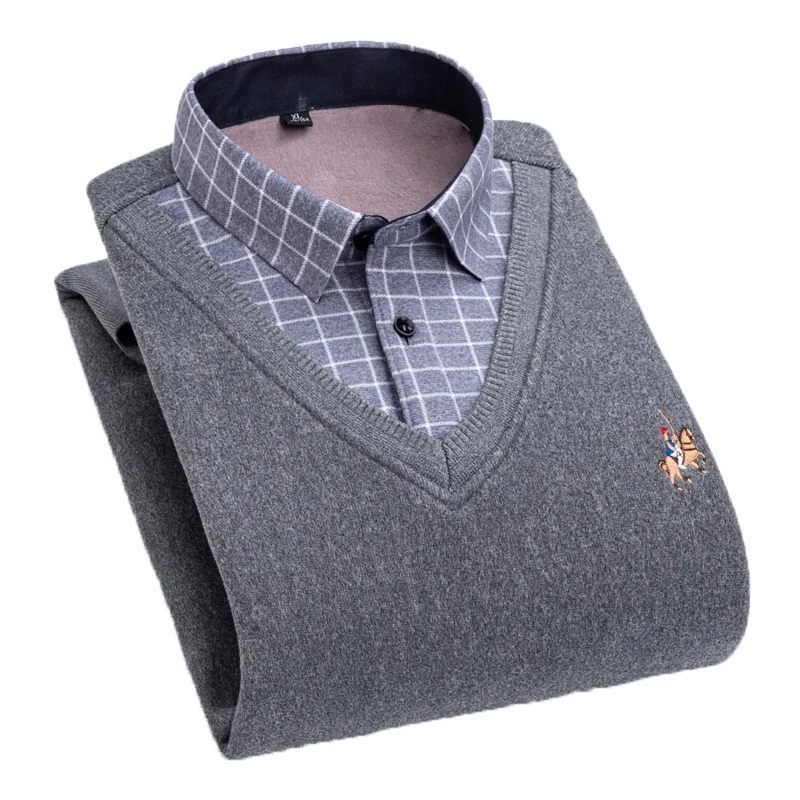 

Aoliwen Flannel Solid Color Embroidered Pullover Sweater Warm Shirts Men Casual Plus Velvet Thick Cold Proof Long Sleeve Shirts