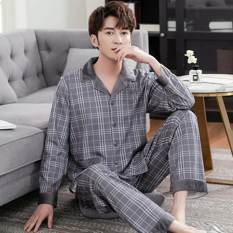 Casual Loose Sleepwear Korean Long Sleeve Cotton Bedroom Autumn Fashion Plus Size Sleepwear Szata Zestawy Men's Sleep DB60SY