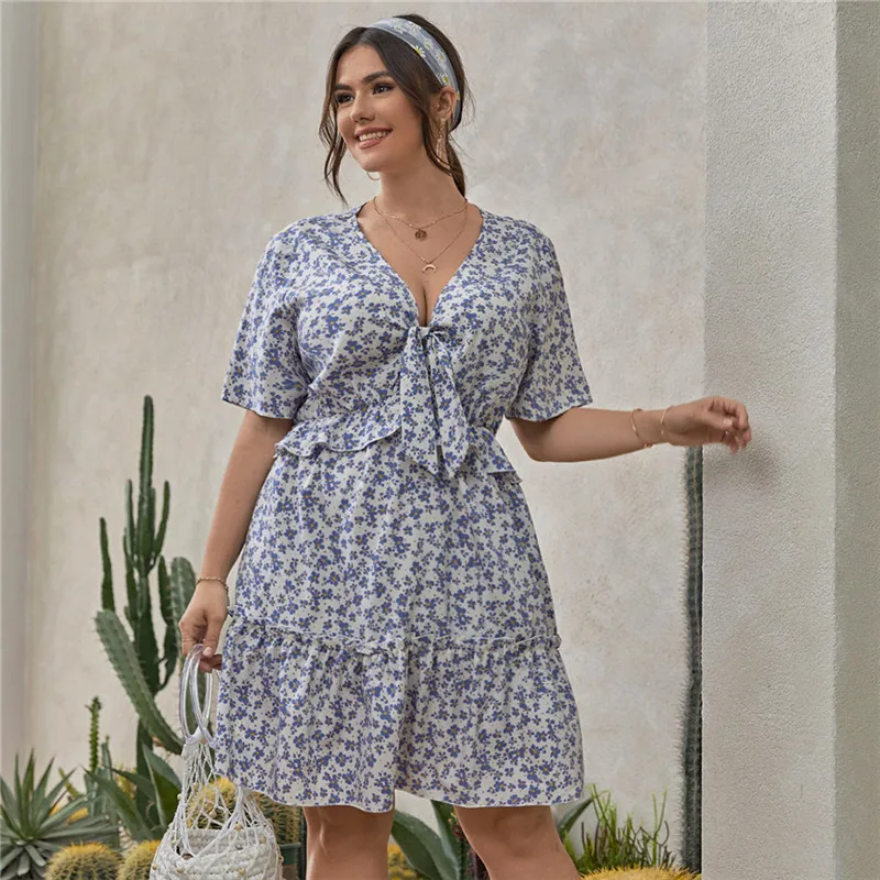 2021 de moda de verano de gran tamaño vestido Floral de las mujeres lazo sexi con cuello en V de playa vestido Casual vestido de chicas XL-4XL
