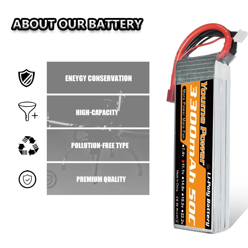 Youme-bater&iacute;a Lipo 3S de 11,1 V, 6200mAh, 6500mAh, 3300mAh, 4500mAh, 5200mAh, carcasa dura 50C 60C, enchufe Deans para TRAXXAS 1:10, coche, barco, Dron-3