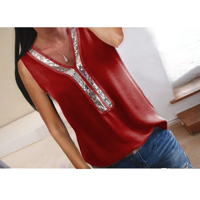 

2020 Summer New Hot Sale Fashion Stitching V-neck Women's Sequined Vest T-shirt Plus Size Women's Solid Sleeveless Top