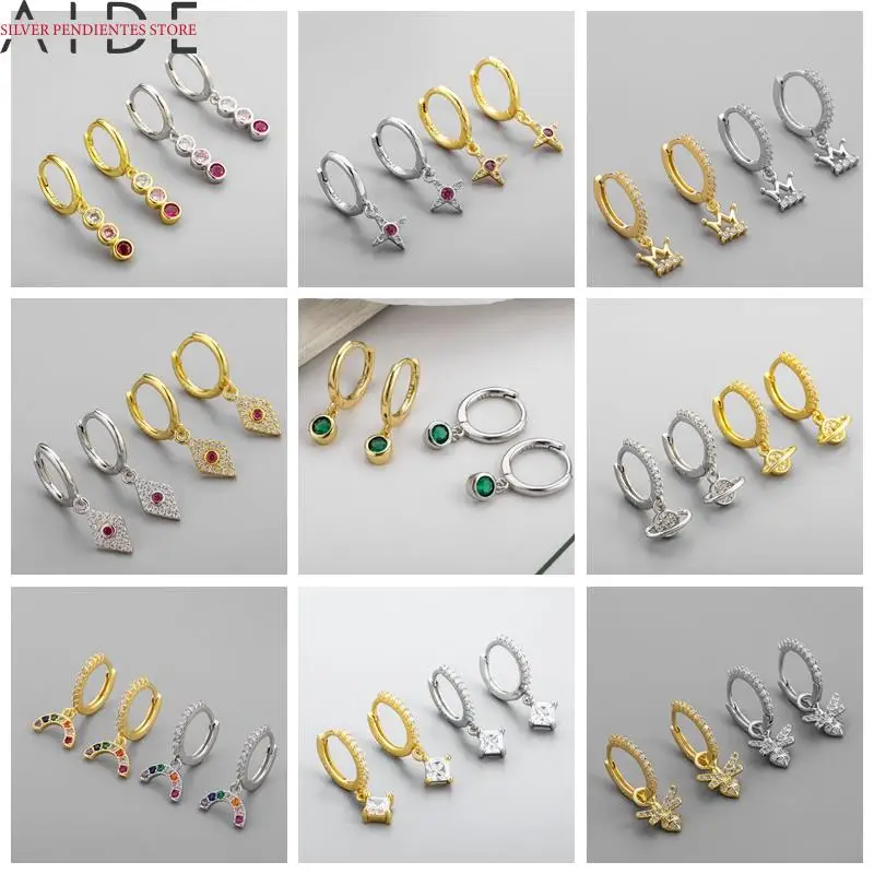 

AIDE Rainbow Lightning Bee Crown Colorful Zircon Pendant Earrings Pendientes Plata 925 Sterling Silver Hoops Earrings Women