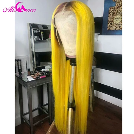 1B Yellow ALI Coco, 150%, зеленый парик из человеческих волос, бразильский, Remy, прямой, желтый, парик на кружеве, розовый, красный, светильник, синий, фиолетовый, Омбре, парики для женщин - Цвет: 1B Yellow