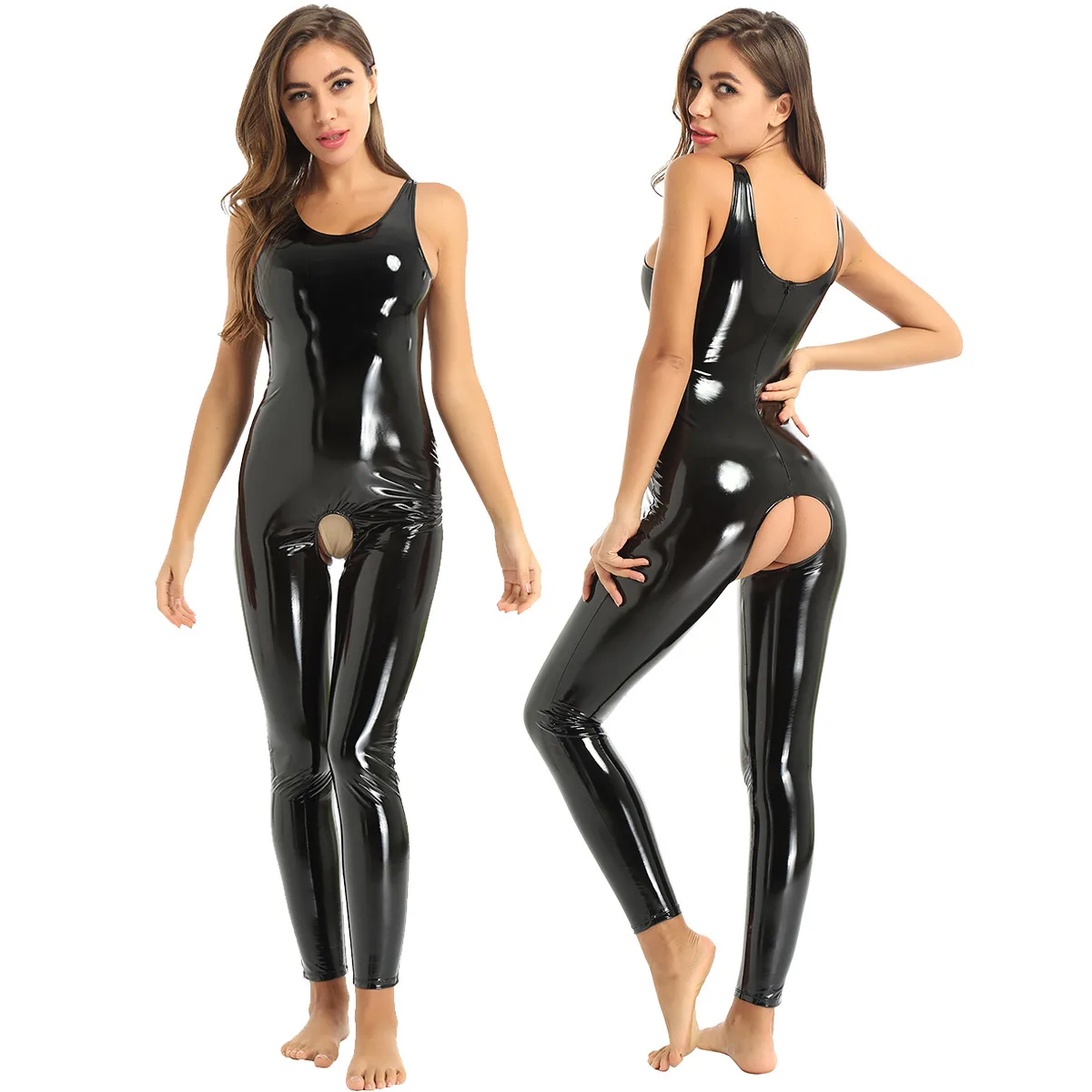 Sexy Hot Women Wetlook Faux Leather Catsuit PVC Latex Bodysuit Crotchless Clubwear Back Zipper Open Crotch Stretch Jumpsuits