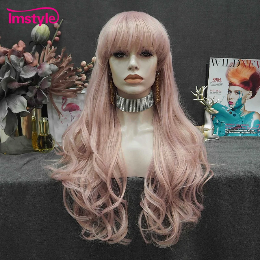 

Imstyle Pink Synthetic Wigs With Bangs Long Hair Natural Wavy Heat Resistant Fiber Cosplay Wigs For Women