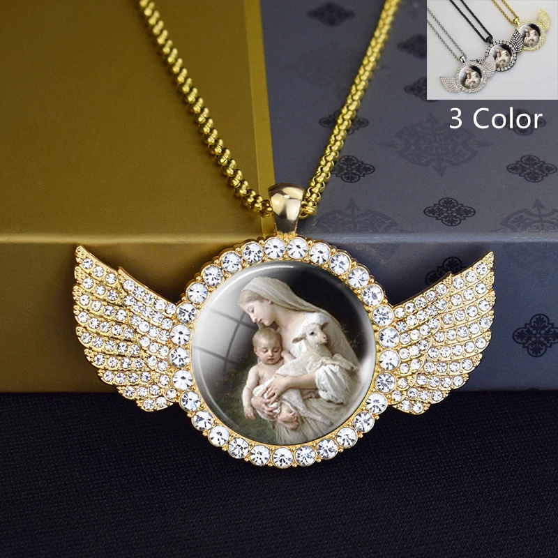 

Virgin Mary and Jesus Photo Necklace Saint Christian Jewelry Rhinestone Glass Angel Wings Pendant Necklace Catholic Church Gift