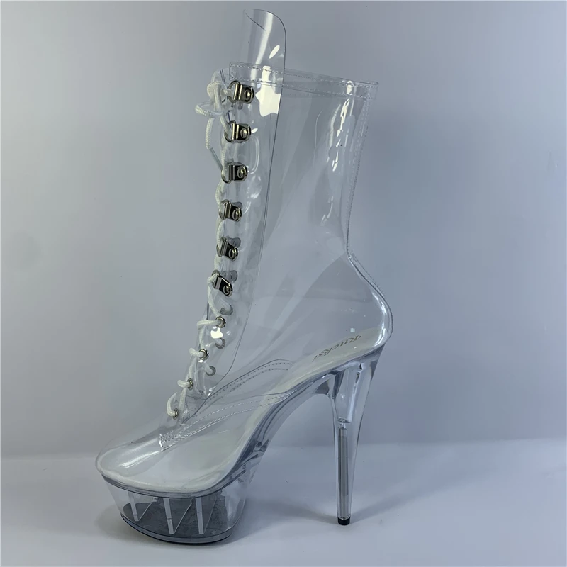 Rncksi Full transparent crystal thin heel waterproof platform before lacing low canister ankle boots 15cm performance boots