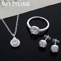 bayttling 925 sterling silver round zircon ring earrings pendant necklace for women fashion wedding jewelry set gift
