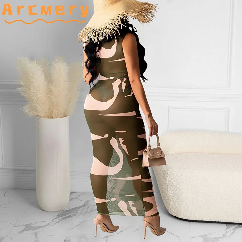

Women Sleeveless Zebra Printed See Through Sexy Bodycon Maxi Dress
