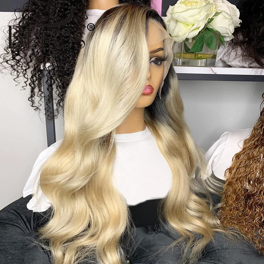 Beeos Glueless Ombre 1b 613 блонд 13*4 человеческие волосы на кружеве парики бразильские объемные волнистые парики на фронте шнурка предварительно сорванные Remy