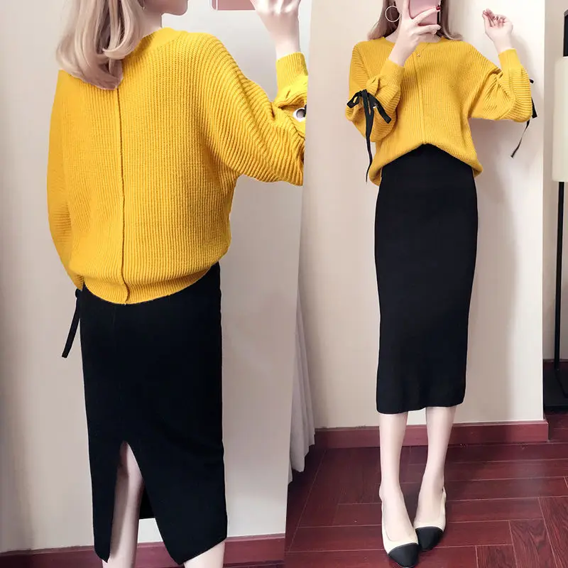 

Women 2021 Spring Autumn Knitted 2 Piece Set Female Long Sleeve Loose Sweater Tops+Slim Bodycon Skirt Ladies Casual Suits A624
