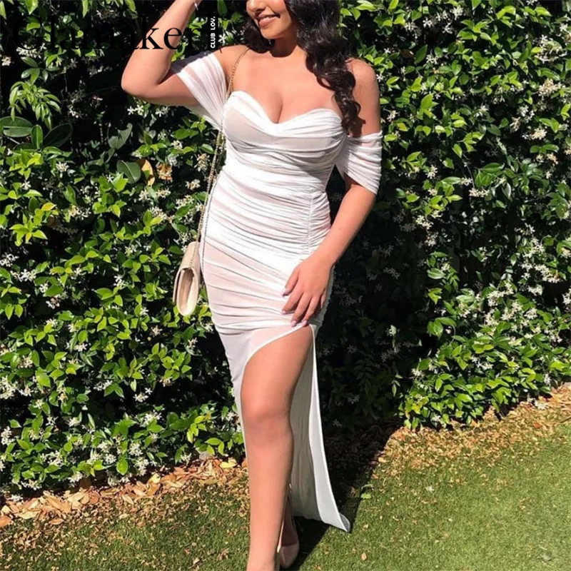 Женское прозрачное Сетчатое платье Glamaker белое Плиссированное вечернее с