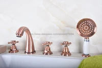 Widespread Antique Red Copper Bathroom Tub Faucet 3 handle 5 hole Deck Mounted Hand Shower Sprayer Ntf181