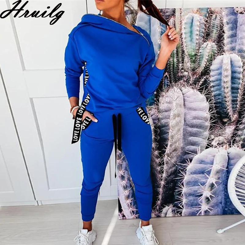 

Tracksuit Women Hooded Sweatshirt&long Pants Zipper Pockets Ribbon Letter Print Fashion 2 Piece Set Women Knit Women 2 Piece Set