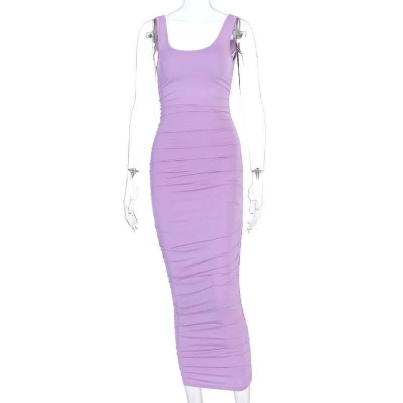 

2021 New Spring And Summer New Mini Loose Casual O-neck Solid Color Sleeveless Slim-fit Pleated Dress
