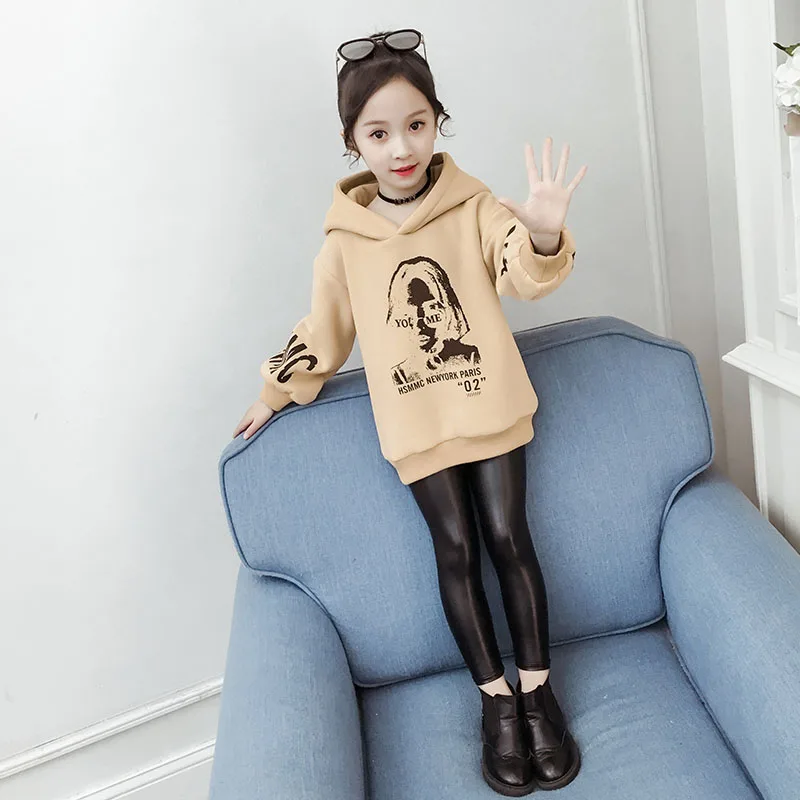 Khaki Hoodies Одежда для маленьких девочек; детские толстовки с капюшоном; коллекция года; зимняя одежда для девочек; moletom infantil; Двухслойный плотный свитер; модный принт - Цвет: Khaki Hoodies