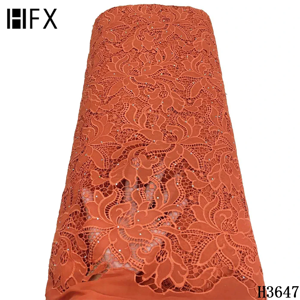 

HFX 2020 Nigerian new design cord lace fabric with stones fashion white guipure water soluble lace fabric for party dress H3647