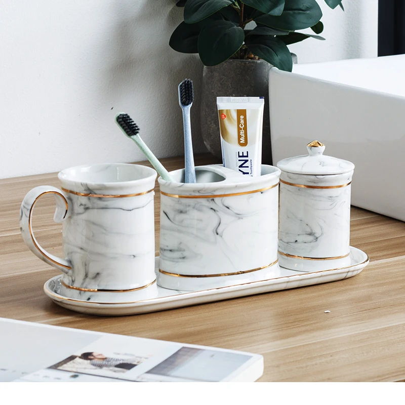 

The Bathroom Decor Bathroom Sets Ceramic Liquid Soap Dispenser Toothbrush Holder Cups Soap Dish Tray Set Washroom Products Decor