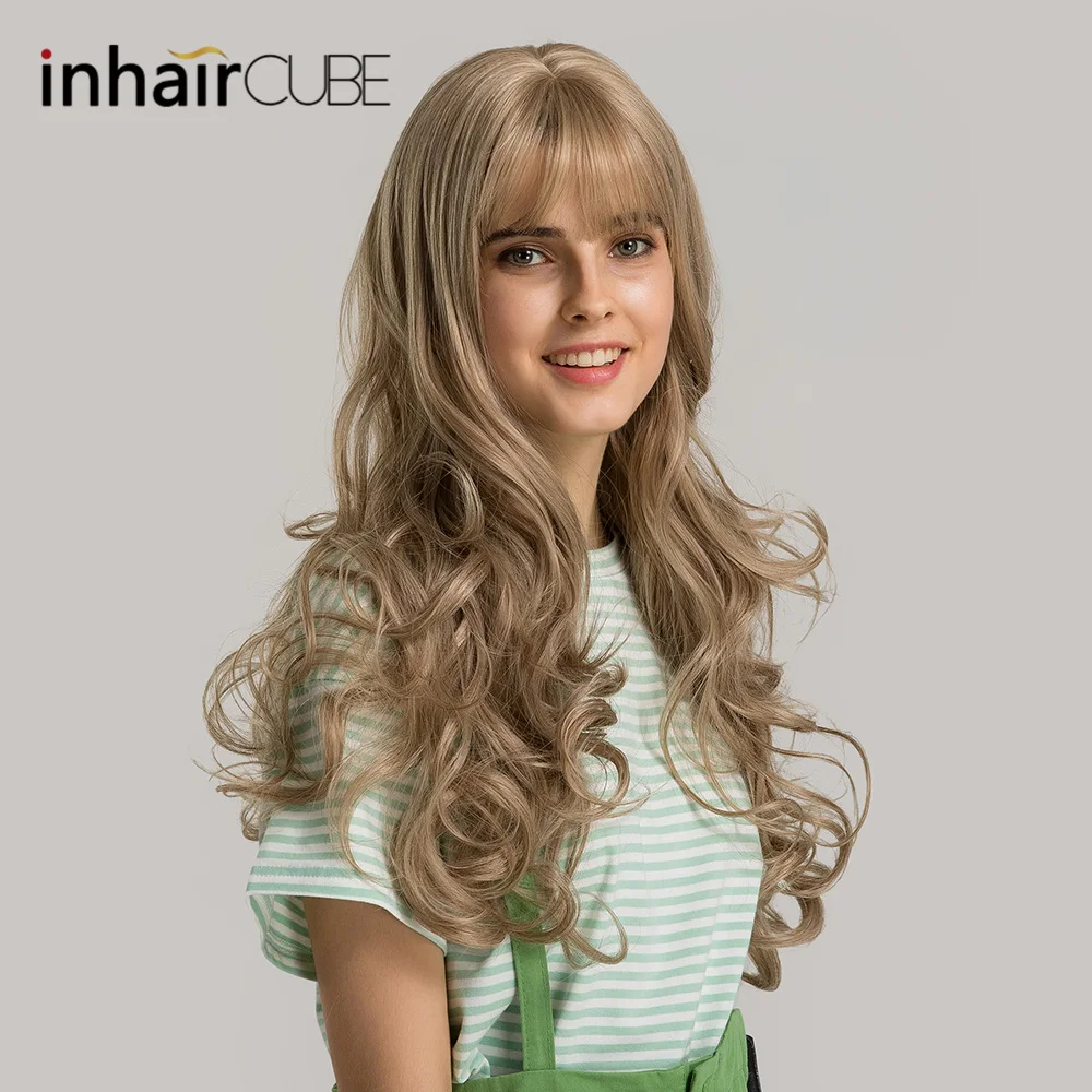 Парик Inhaircube длинный женский синтетический с волнистыми волосами блонд челкой